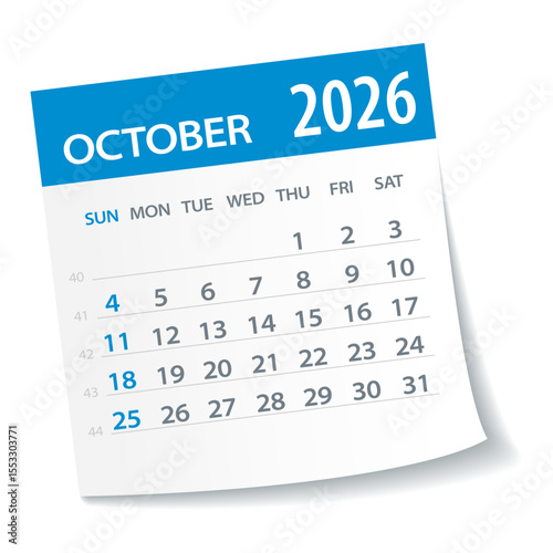 October 2026 Calendar Leaf - Vector Illustration