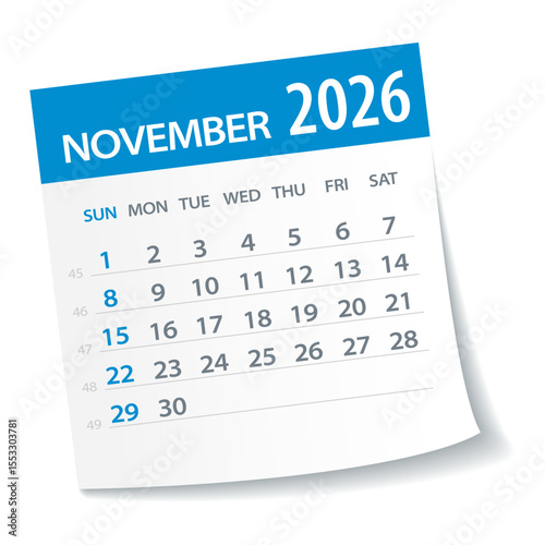 November 2026 Calendar Leaf - Vector Illustration