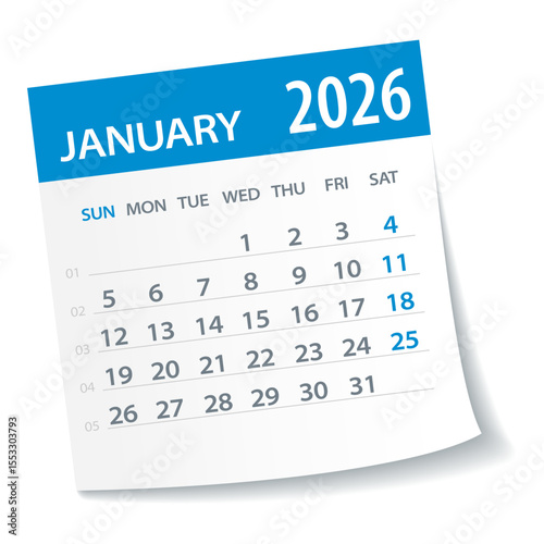 January 2026 Calendar Leaf. Week Starts on Monday. Vector Illustration