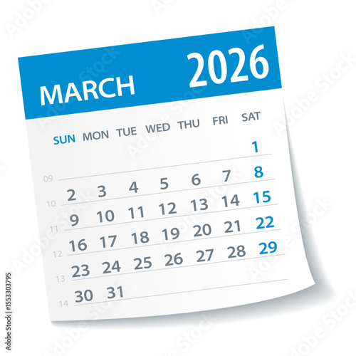 March 2026 Calendar Leaf. Week Starts on Monday. Vector Illustration