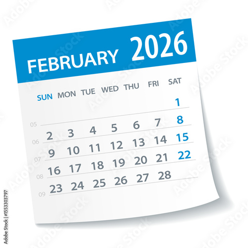 February 2026 Calendar Leaf. Week Starts on Monday. Vector Illustration