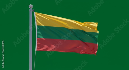 Lithuania's vibrant tricolor flag billows proudly against a deep green backdrop.