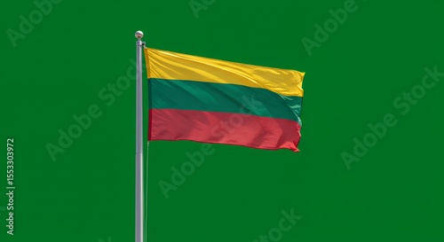 Lithuanian Flag Waves Proudly Against a Vibrant Green Background