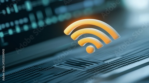 This image depicts glossy orange wireless network icon on laptop symbolizing internet communication and technology connection