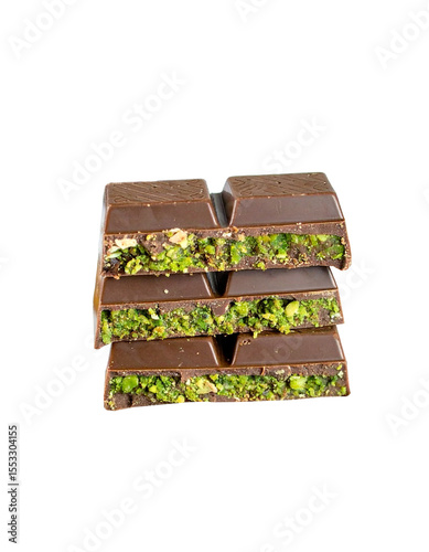 Dubai chocolate pieces with pistachios isolated on transparent background, png