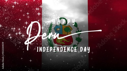 Wallpaper Mural Happy Peru Independence Day greeting animation, lettering text with waving flag background and fireworks splash, suitable for holiday designs and communications. Torontodigital.ca