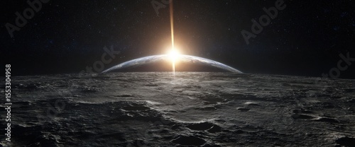 Earthrise From the Moon's Surface with Bright Sunrise and Starry Night Background View