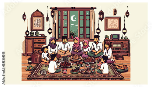 A large Muslim family gathers for a festive meal, likely during Ramadan, in a decorated home.