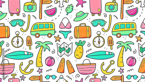 Summer vacation travel doodle pattern fun beach tropical design elements icons