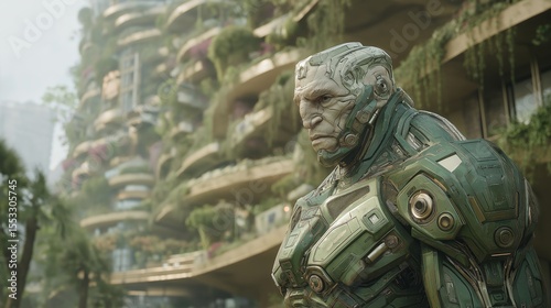 Portrait of a serious alien warrior in front of a utopian city with futuristic green architecture. Concept of sci-fi, fantasy, and advanced civilization