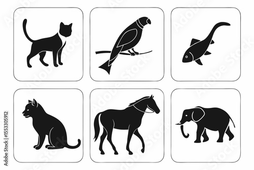 Silhouettes of various animals isolated on white background