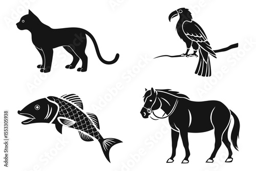 Silhouettes of various animals isolated on white background