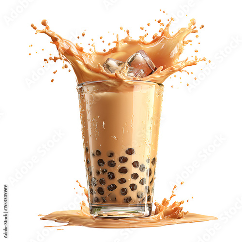 glass of boba tea bubble milk tea splash isolated