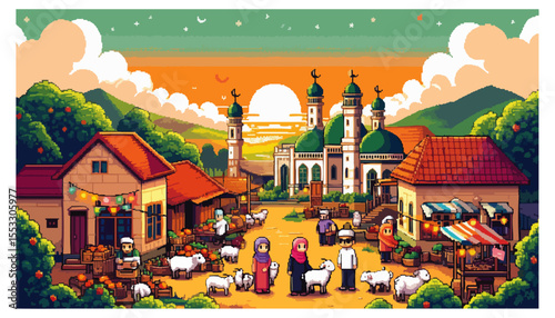 A vibrant illustration of a bustling village scene with a mosque and people.