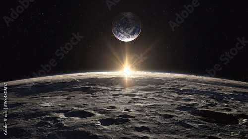Earthrise View from Moon Surface Craters, Sun Flare, Stars, and Planet Earth Above
