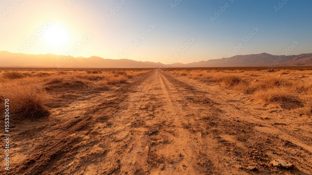Naklejka premium A breathtaking view of a dirt road stretching through a scenic desert landscape illuminated by the warm colors of sunset, evoking feelings of adventure and freedom.
