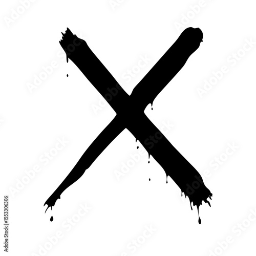 Black x mark with dripping paint isolated on white background