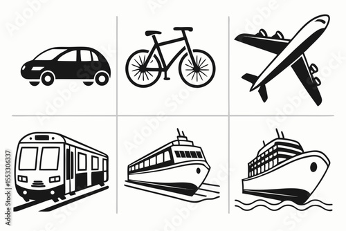 Icons of various modes of transportation isolated on white background