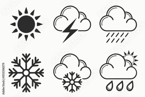 Weather icons featuring sun cloud lightning rain and snowflake