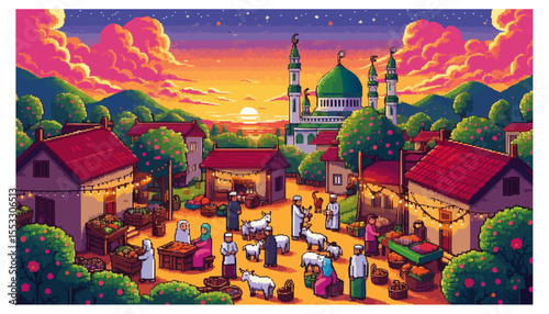 Pixel art of a vibrant Islamic marketplace at sunset, with a mosque in the background.