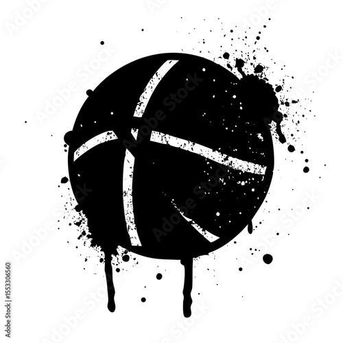 A black and white basketball graphic with a spray paint effect, isolated on white background