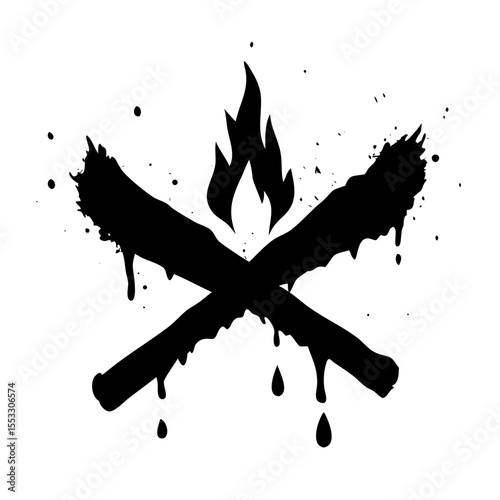 A black and white campfire graphic with a spray paint effect, isolated on white background