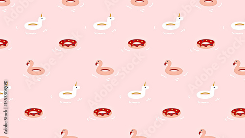 Pink background summer pattern inflatable flamingo unicorn donut pool floats summer fun beach party design repeat textile print wallpaper cute illustration