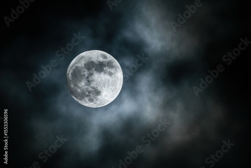 Eerie Full Moon Shining Brightly Through Ominous, Dark Clouds in the Night Sky