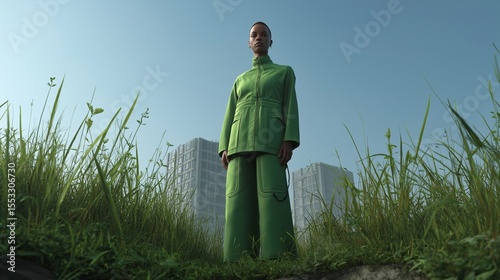 A powerful low-angle shot of a person in a futuristic green suit standing in tall grass, with modern city skyscrapers in the background. Urban ecology concept