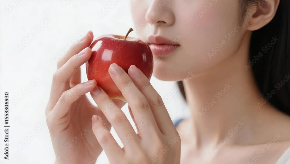  Joven mujer sosteniendo con delicadeza una manzana 