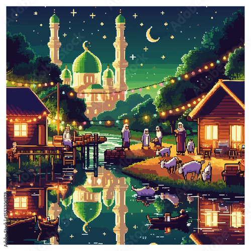 Pixel art scene depicting a mosque at night with people gathered and goats near a river reflecting the buildings.