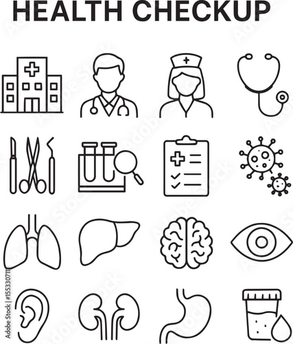  Health checkup icon set. Contains such icons as hospital, doctor, nurse, stethoscope, instruments, research, organs, tests, viruses, lung, liver, brain, eye, hearing, kidneys, stomach and more