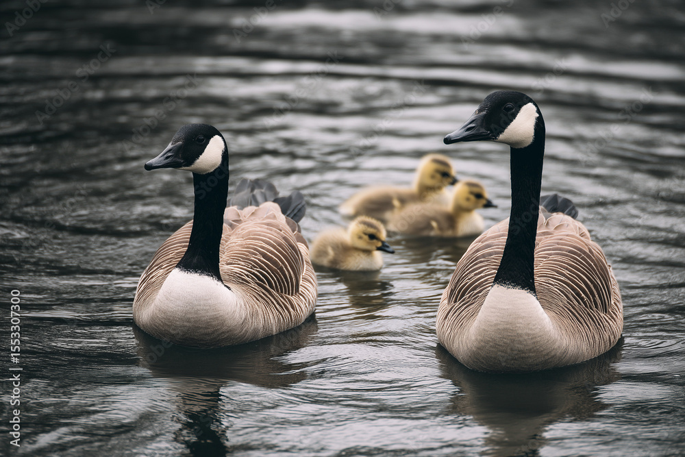 Obraz premium A family of two Canada geese and their goslings swimming on the water, goose.