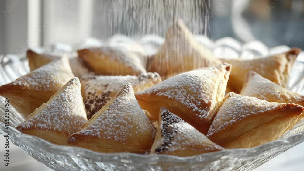 Close-up of a plate full of delicious, freshly baked cookies covered in powdered sugar. The texture and flavor contrast between the crust and filling is visibly appealing.