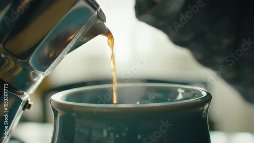 Coffee Dripping from Moka Pot into Ceramic Cup