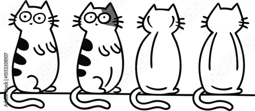 cartoon illustration of four long-bodied cats standing in a line 