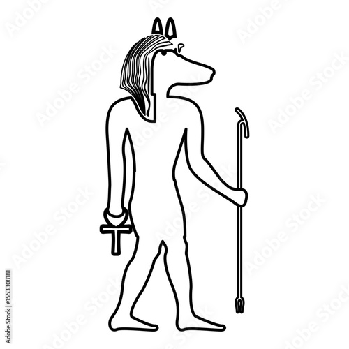 Anubis deity with jackal head ancient Egyptian god holds staff and anch cross silhouette mythical contour outline line icon black color vector illustration image thin flat style