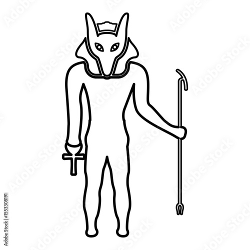 Anubis deity with jackal head ancient Egyptian god holds staff and anch cross silhouette mythical contour outline line icon black color vector illustration image thin flat style