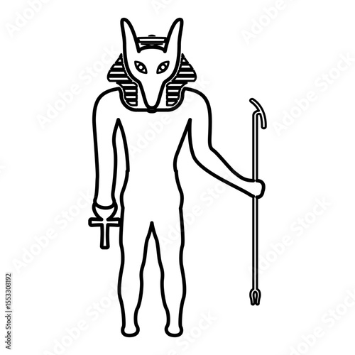 Anubis deity with jackal head ancient Egyptian god holds staff and anch cross silhouette mythical contour outline line icon black color vector illustration image thin flat style