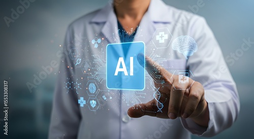 Doctor interacting with artificial intelligence interface conceptualizing healthcare technology