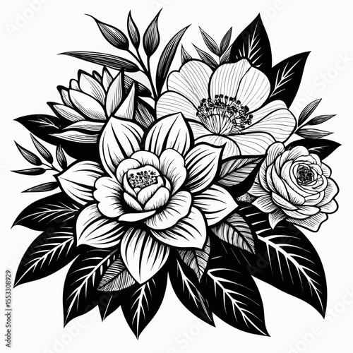 photorealistic, black and white, high contrast, botanical, elegant floral composition, detailed flowers, blooming flowers, lush foliage, intricate petals, stark contrasts, graphical, monochromatic, mi
