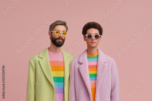A stylish and diverse couple wearing colorful rainbow pride shirts and pastel coats, posing together against a pink studio background. A celebration of love and identity