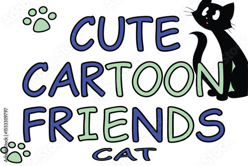 Adorable cartoon cat character with bold block lettering