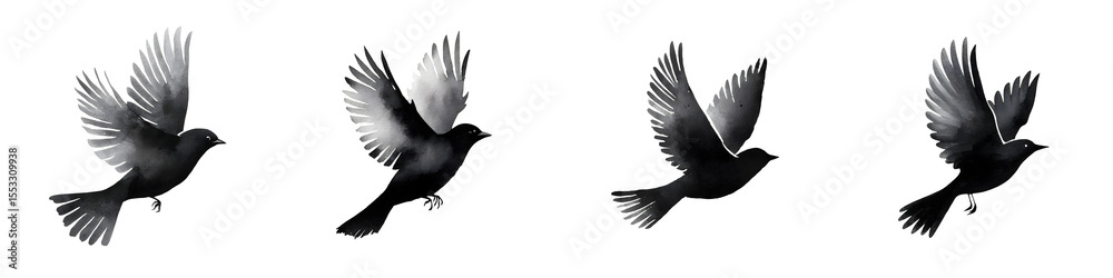 Naklejka premium Black Bird in Flight Sequence, Isolated on White