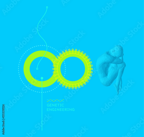 Concept of innovative discoveries in genetics. Health research using new technologies. Medicine of the future. Cloning. Full-length view of a person curled up with his head on his knees. Vector.
