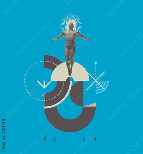 The man spread his arms out to the sides and hovers, his head radiating energy. Harmony of soul and body, wisdom or religion concept. State of enlightenment. Psychic mind power of meditation. Vetor.