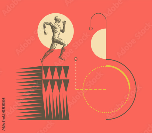 Art composition. Running man or marathon runner. 3D human body model. Design for sport. Geometric pattern. Abstract circular design elements. Vector for presentation, poster, cover or brochure.