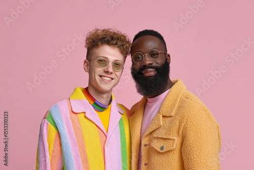 
Smiling diverse couple wearing vibrant yellow and colorful striped clothing on pink background, modern fashion portrait
