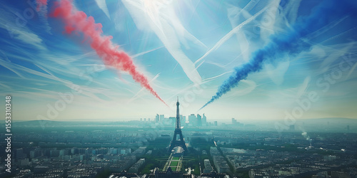 Celebrating 14 july in France, alphajet of the patrol of France flying over the city.
