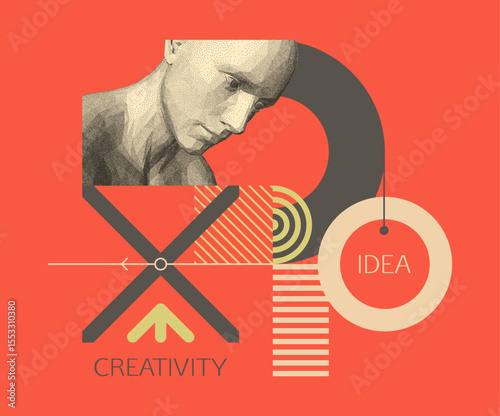 Discovery, studying and learning concept. Time to think. Man scientist thinking. Art composition. Geometrical background. Digital human head constructing from dots. Cover design template. Vector.